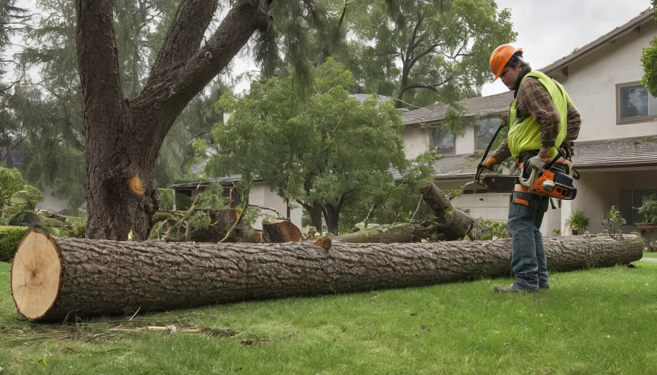 Independent tree removal provider cutting up a storm-fallen tree in a Fullerton backyard in the Fullerton area