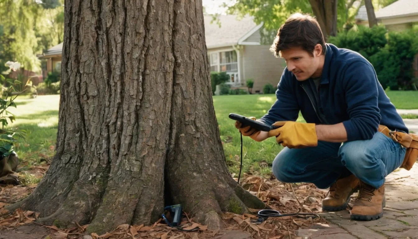 A homeowner checking the base of a tree and taking photos in the Fullerton area