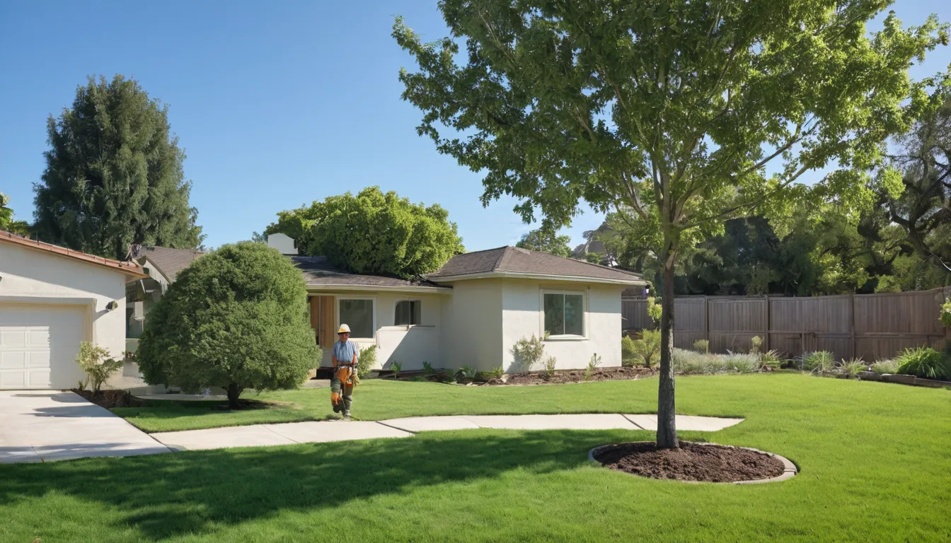 A tree removal provider cutting a large backyard tree in sections near a house in Fullerton