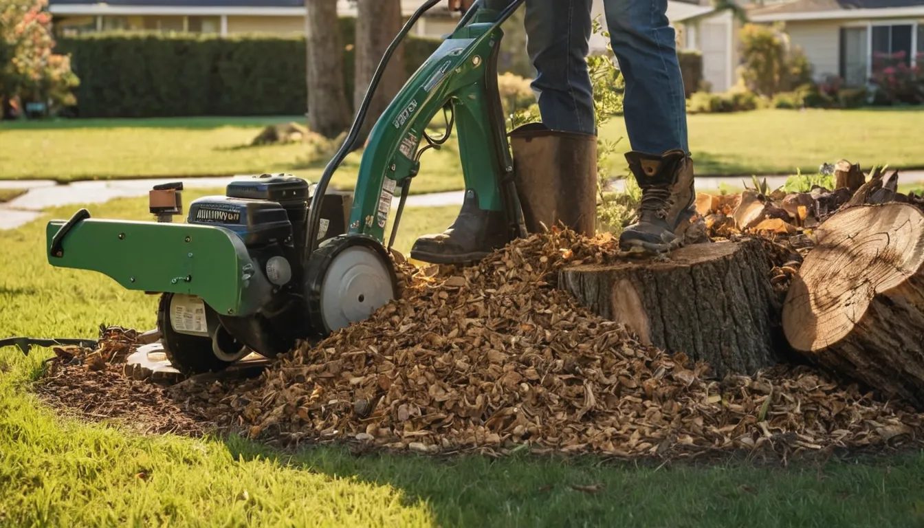 A stump grinder at work in a residential yard in Fullerton