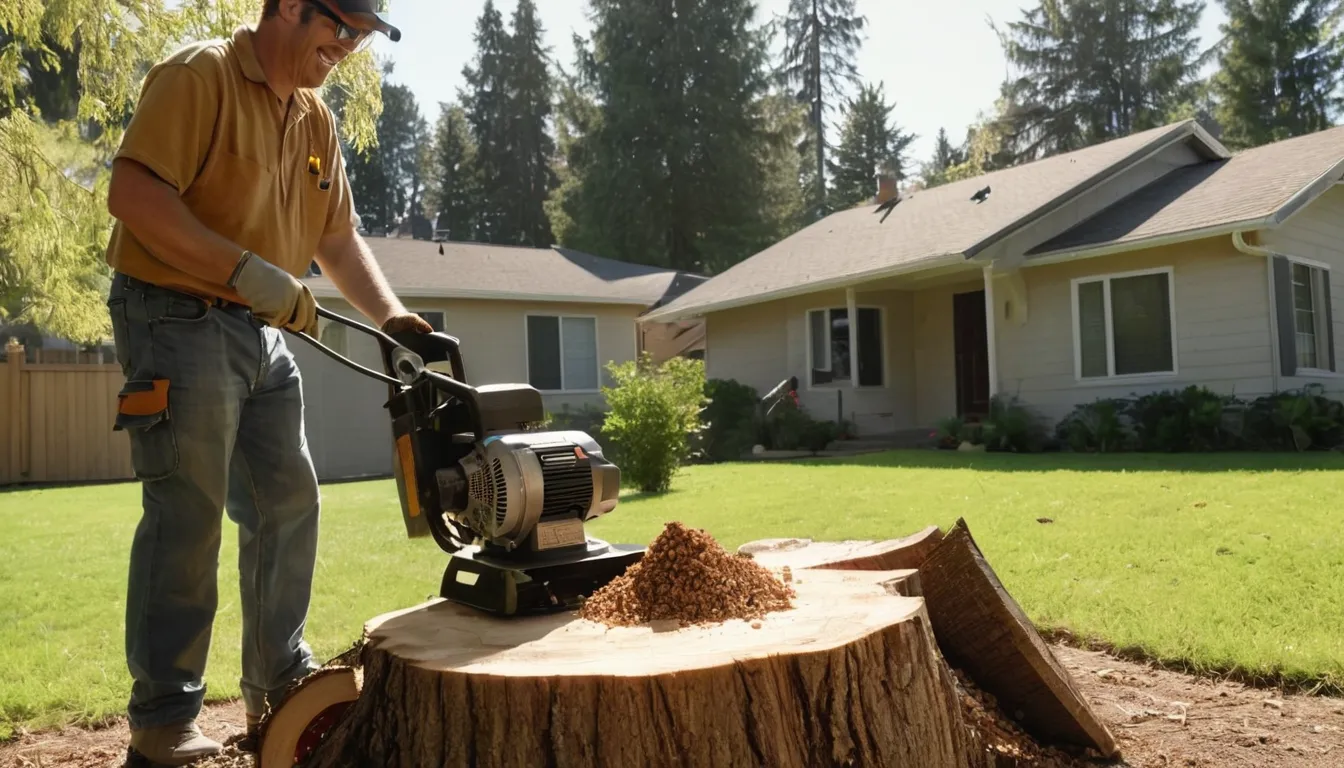 Provider grinding an old tree stump in a residential yard in Fullerton