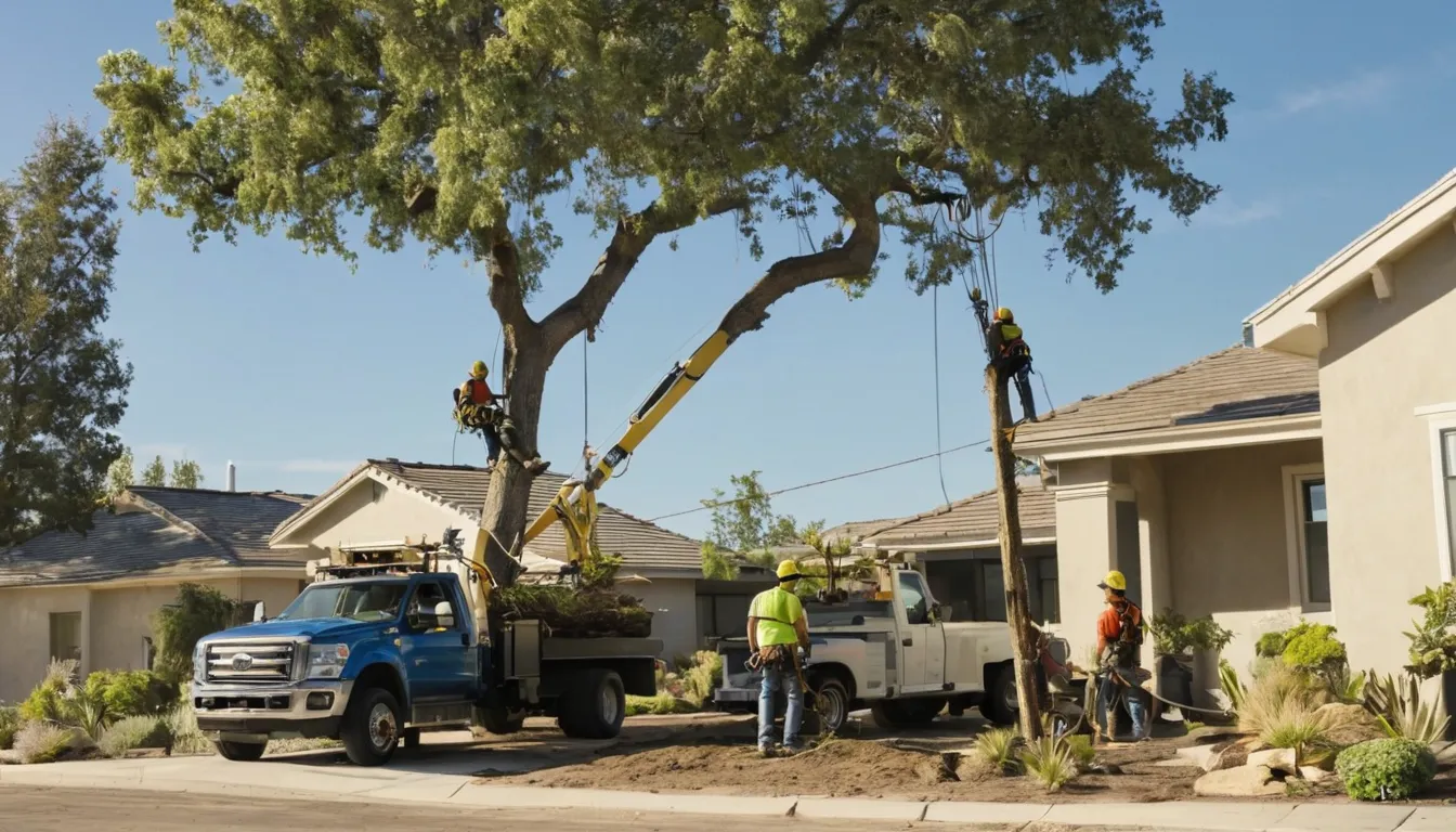 Independent provider crew safely taking down a tree beside a stucco ranch home in Fullerton